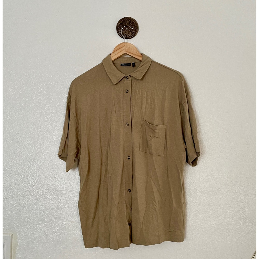 ASOS DESIGN Mens Short Sleeve Linen Blend Button Up Shirt Tan Khaki Size M